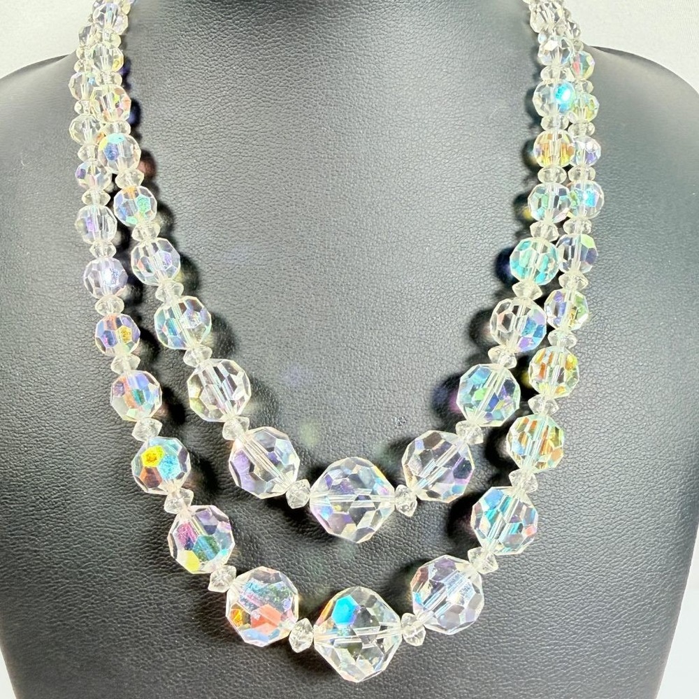 Vintage AB Crystal Necklace Double Strand Graduated Adjustable 13-15.5 in - Picture 4 of 11